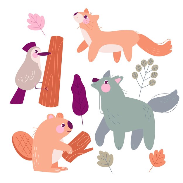 Hand drawn autumn forest animals illustrations