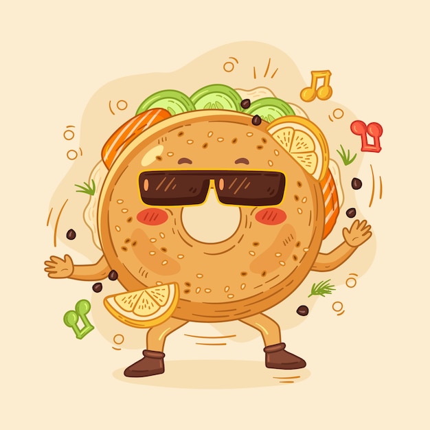 Hand drawn bagel cartoon illustration