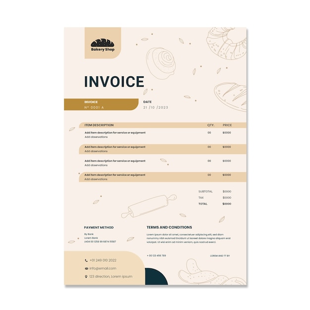 Hand drawn bakery business pack invoice