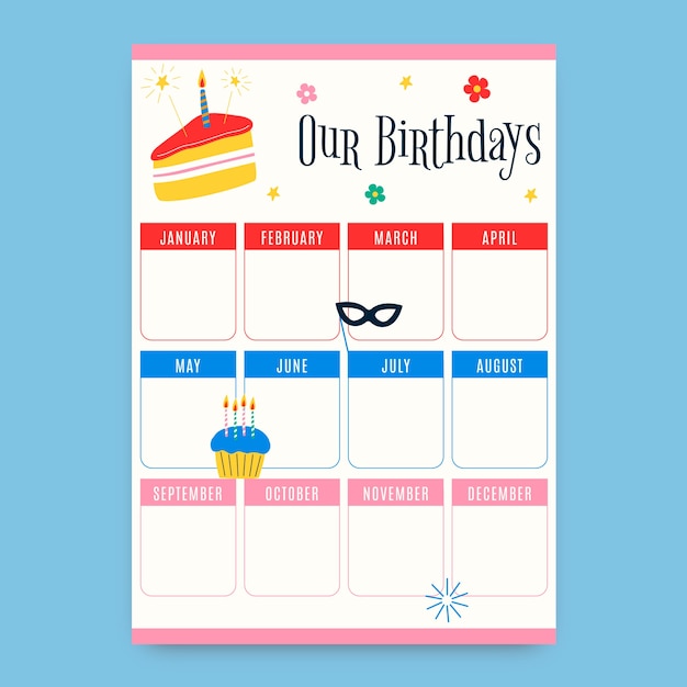 Hand drawn birthday calendar template design