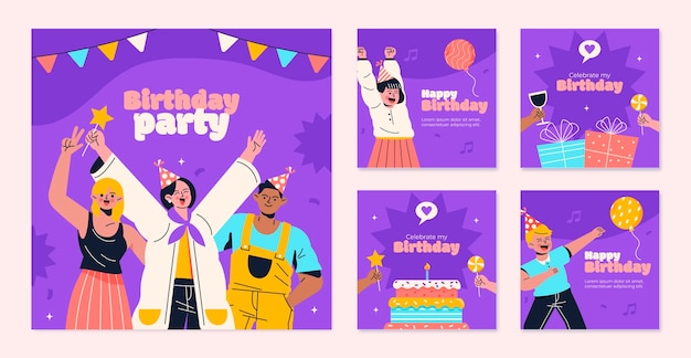 Free Vector hand drawn birthday celebration instagram posts