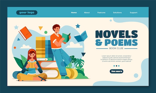 Free vector hand drawn book club landing page template