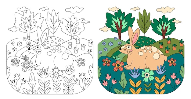 Free vector hand drawn bunny coloring book illustration