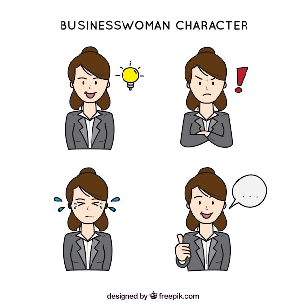 Free Vector hand-drawn businesswoman character with variety of facial expressions