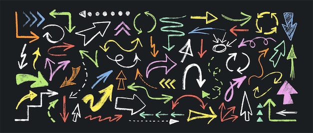 Free Vector hand drawn charcoal arrows doodle direction pointers or chalk pencil curve dashed lines