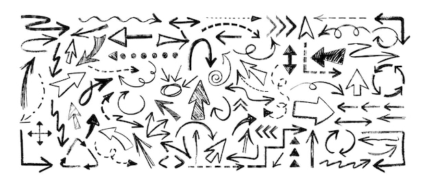 Free vector hand drawn charcoal arrows doodle direction pointers or chalk pencil curve lines