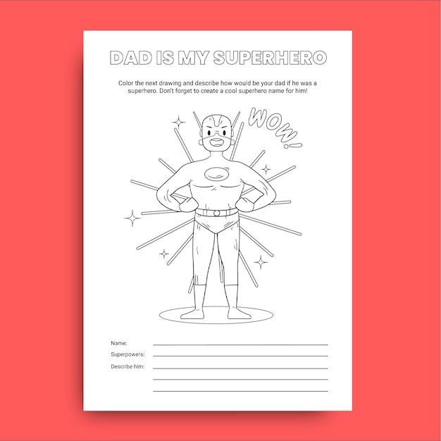 Hand drawn child-like superhero father's day worksheet