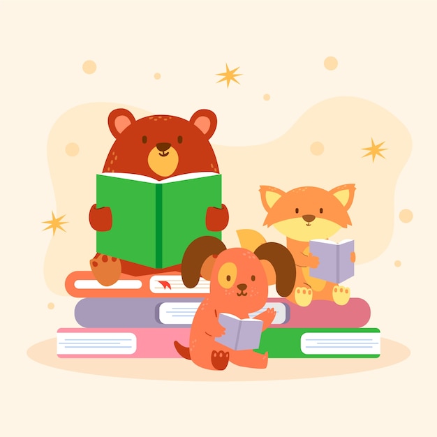 Free Vector hand drawn childlike animals reading illustration