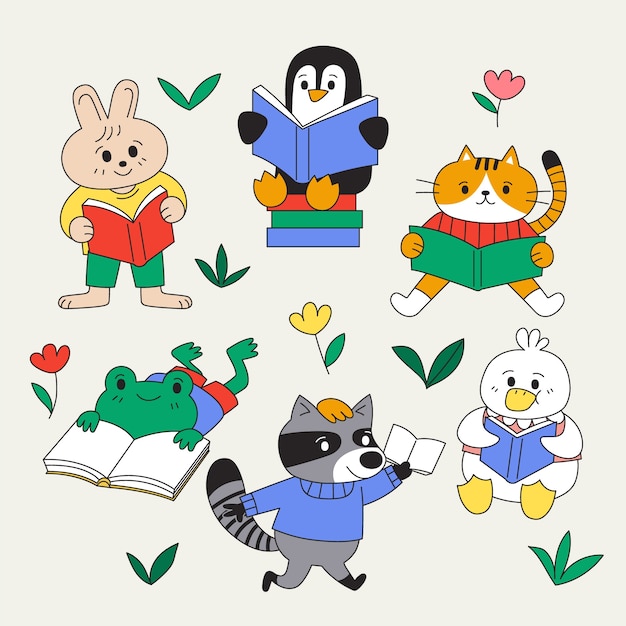 Free vector hand drawn childlike animals reading illustration
