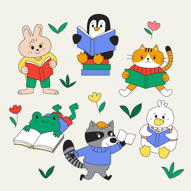 Hand drawn childlike animals reading illustration