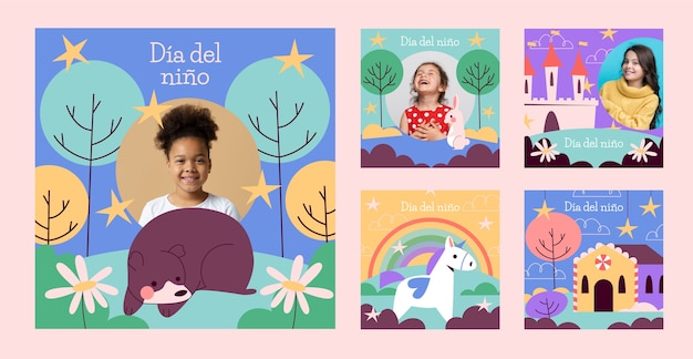 Free Vector hand drawn children's day in spanish instagram posts collection