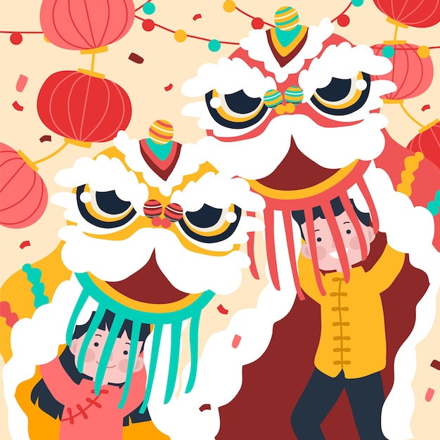 Free Vector hand drawn chinese new year lion dance illustration