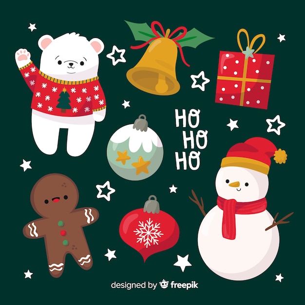Free Vector hand drawn christmas element collection on green background