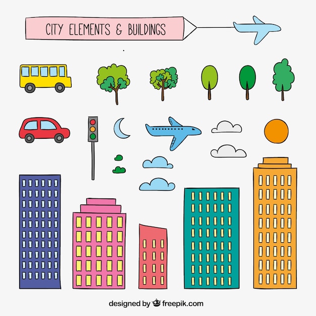 Free vector hand drawn city elements and buildings in colorful style