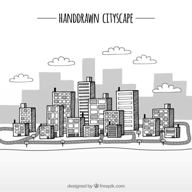 Free vector hand drawn cityscape background in cartoon style