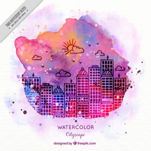 Free Vector hand drawn cityscape with watercolor splash background