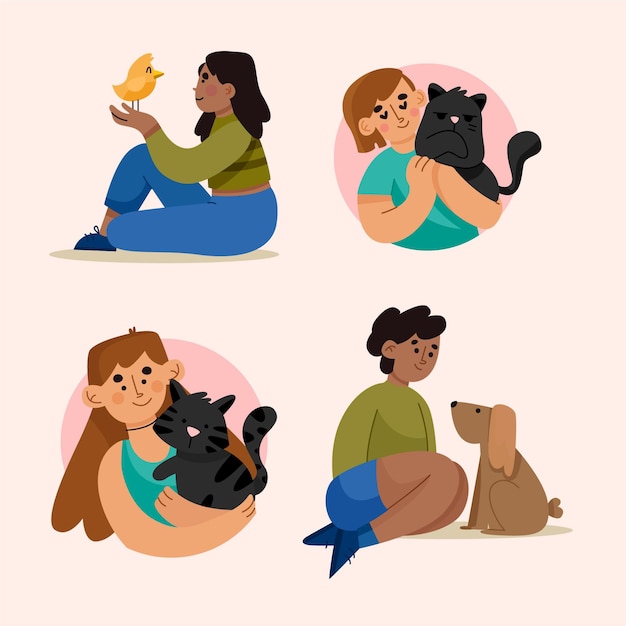 Hand drawn collection of people with pets