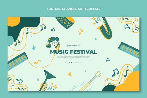 Free vector hand drawn colorful music festival youtube channel art