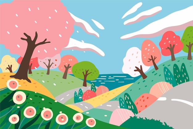 Free vector hand drawn colorful trees landscape