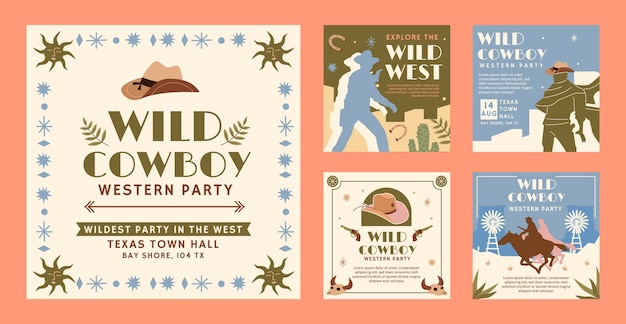 Free Vector hand drawn cowboy party instagram posts