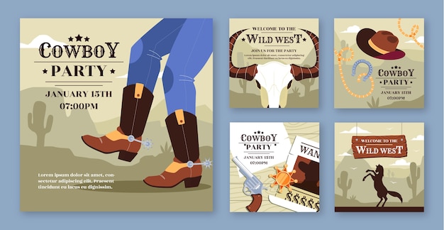 Free vector hand drawn cowboy party instagram posts