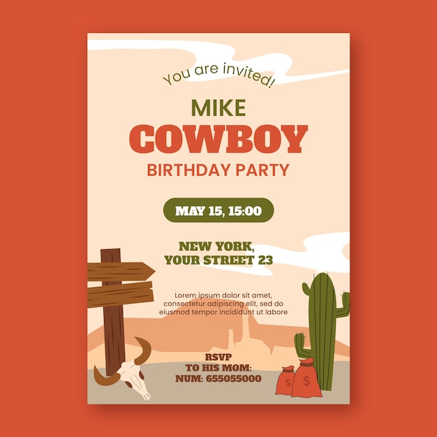 Hand drawn cowboy party invitation