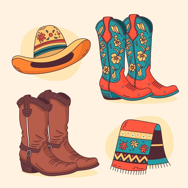 Hand drawn cowgirl boots cartoon illustration