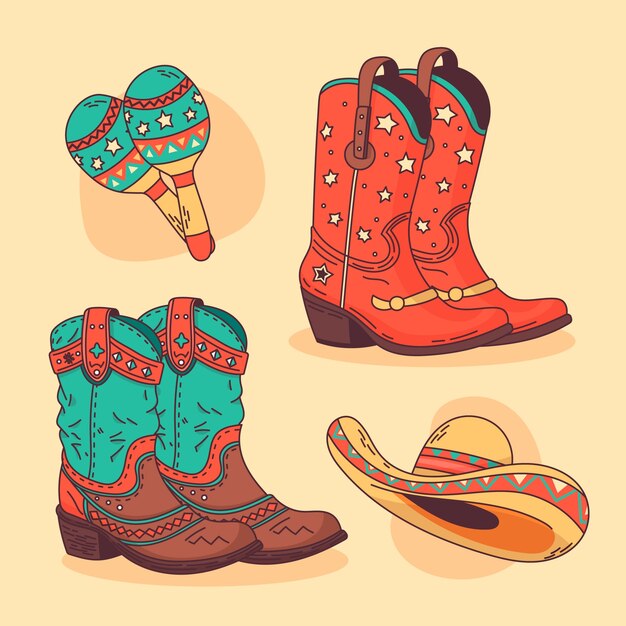 Hand drawn cowgirl boots cartoon illustration