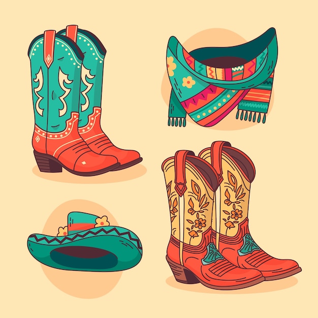 Hand drawn cowgirl boots cartoon illustration