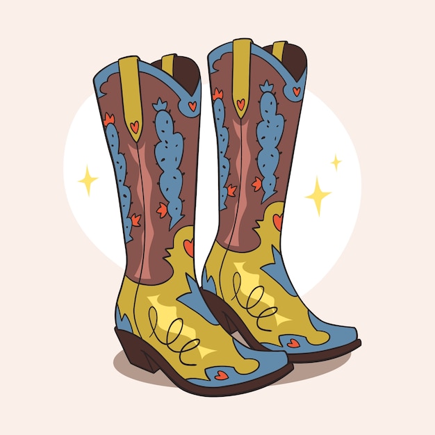 Hand drawn cowgirl boots cartoon illustration