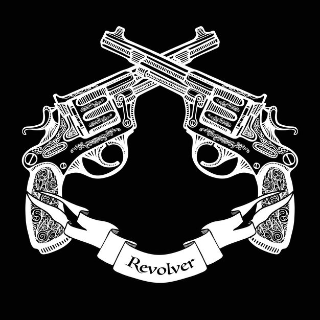  Hand Drawn Crossed Pistols With Ribbon