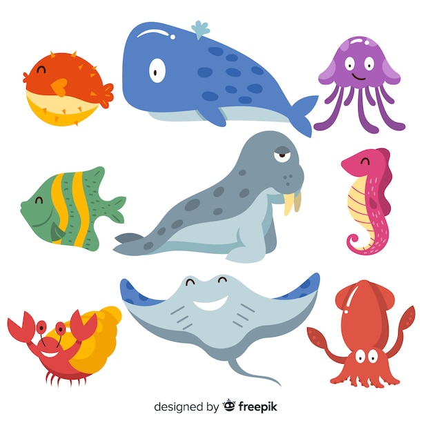 Hand drawn cute sea animals collection