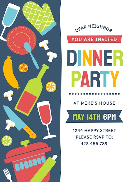 Hand drawn dinner party invitation with colorful items