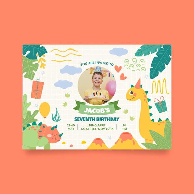 Free Vector hand drawn dinosaur birthday invitation template with photo