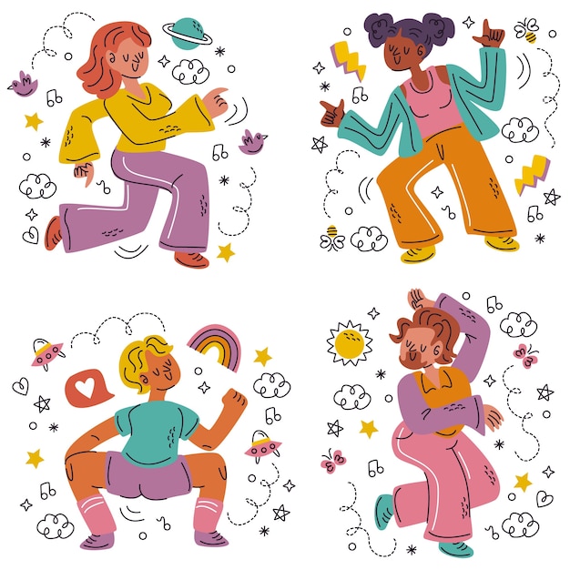 Free Vector hand drawn doodle dancer sticker set