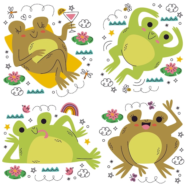 Free Vector hand drawn doodle frog sticker set