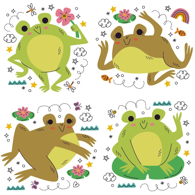 Free Vector hand drawn doodle frog sticker set