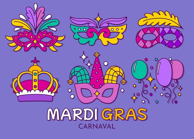 Hand drawn elements collection for mardi gras festival