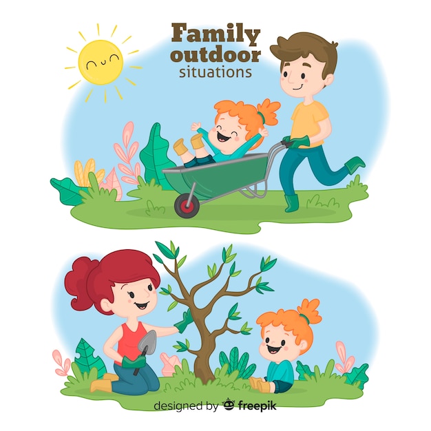 Free Vector hand drawn family in the garden