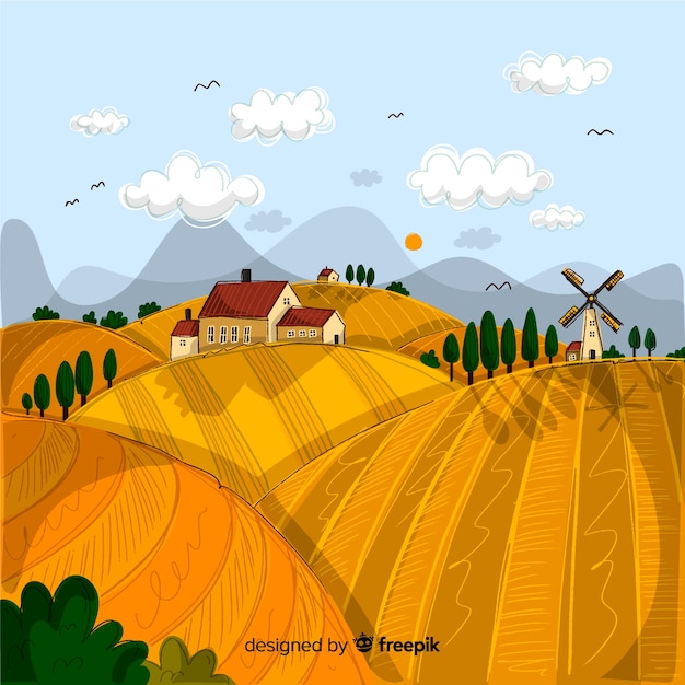 Free vector hand drawn farm landscape background