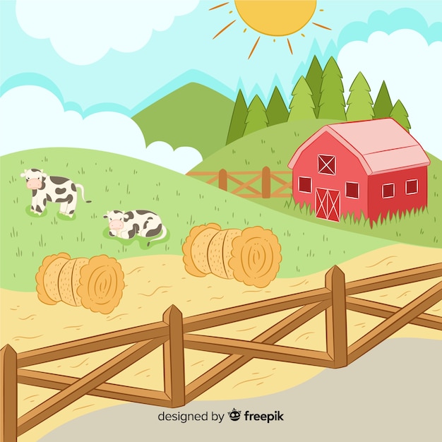 Free vector hand drawn farm landscape background