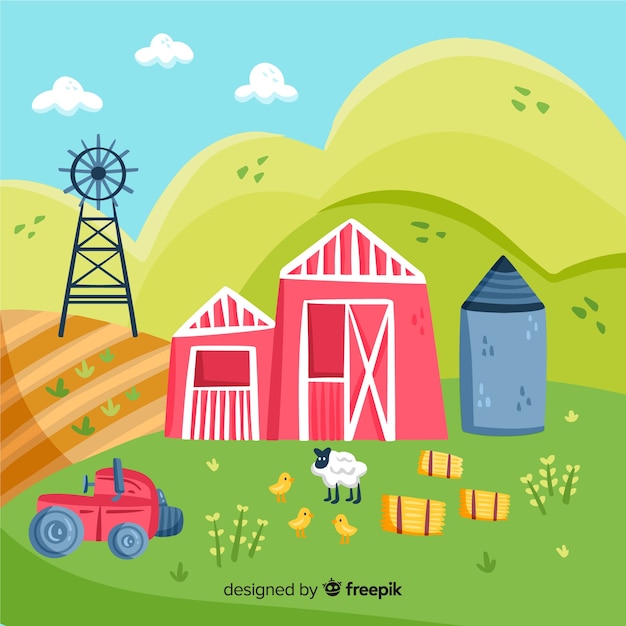 Free vector hand drawn farm landscape