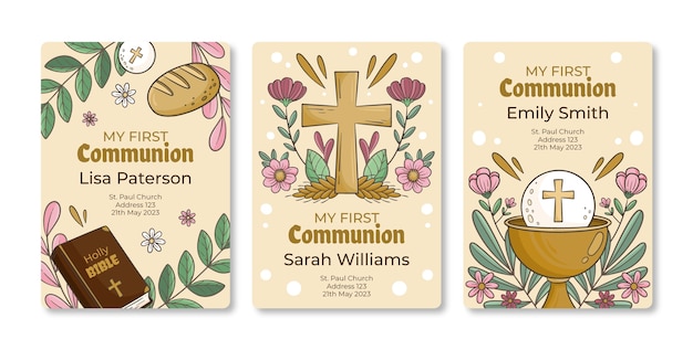 Hand drawn first communion cards set