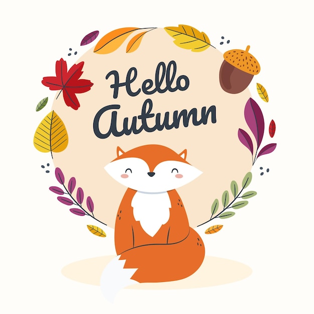 Hand drawn flat autumn illustration with fox and leaves