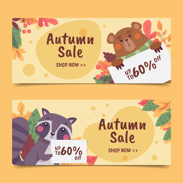 Hand drawn flat autumn sale horizontal banners set