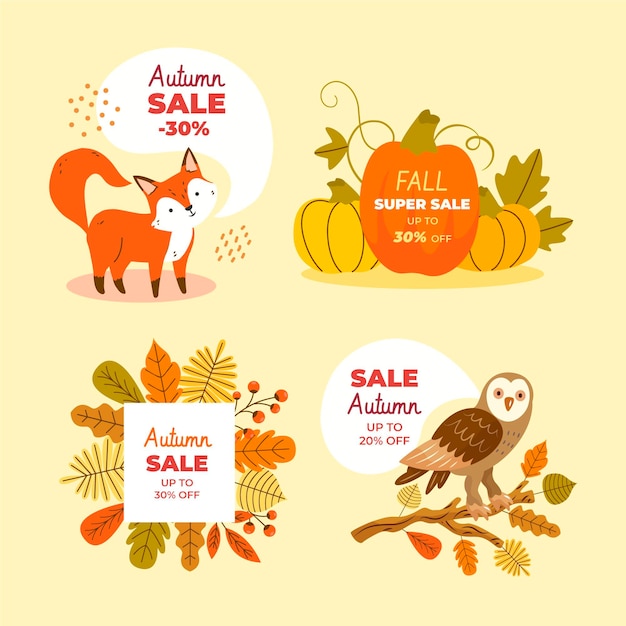 Hand drawn flat autumn sale labels collection