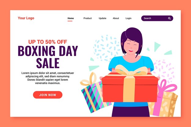 Hand drawn flat boxing day sale landing page template