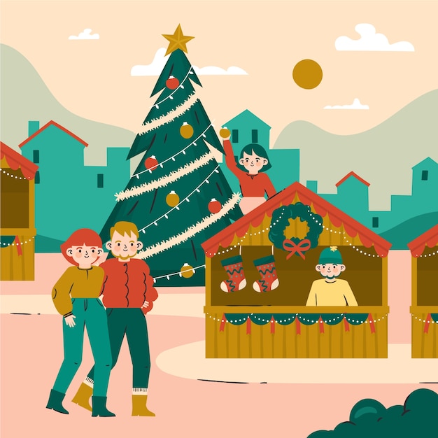 Free Vector hand drawn flat christmas market illustration