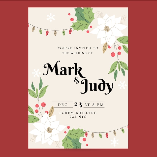 Free Vector hand drawn flat christmas wedding invitation template