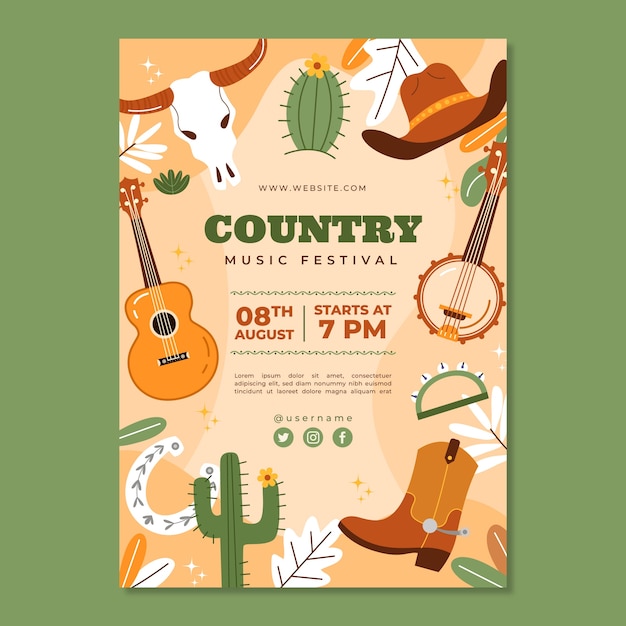 Hand drawn flat country music poster